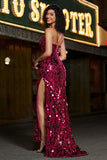 Glittrande sjöjungfru spaghetti remmar Fuchsia paljetter Lång Balklänning med Tillbehör Set