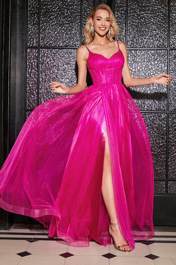 Hot Pink A-linje Lång Korsett Balklänning med Accessoar
