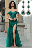 Mörkgrön Off The Shoulder Appliques Tyll Balklänning med Accessoar