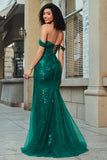 Mörkgrön Off The Shoulder Appliques Tyll Balklänning med Accessoar