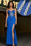 Beading Royal Blue Mermaid Glitter Corset Balklänning med Accessoar