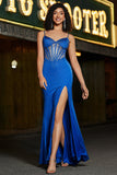 Beading Royal Blue Mermaid Glitter Corset Balklänning med Accessoar
