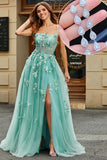 A Line Green Appliques Long Prom Klänning med Accessoar