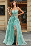 A Line Green Appliques Long Prom Klänning med Accessoar