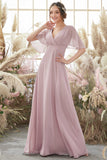 Blush Batwing Ärmar Chiffon Brudtärna Klänning