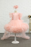 Rosa Hög-låg Tulle Flower Girl Klänning med rosett