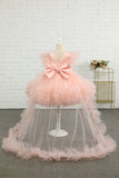 Rosa Hög-låg Tulle Flower Girl Klänning med rosett
