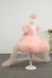 Rosa Hög-låg Tulle Flower Girl Klänning med rosett