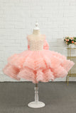 Rosa pärla Tulle Flower Girl Dress med rosett