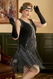 Svart Plus Size 20 Tals Flapper Klänning Med Fransar