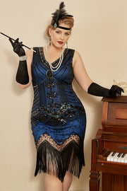 Paljett Royalblå Plus Size 20 Tals Flapper Klänning