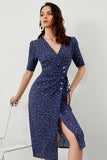 Navy Polka Prickar Midi Summer Wrap Klänning