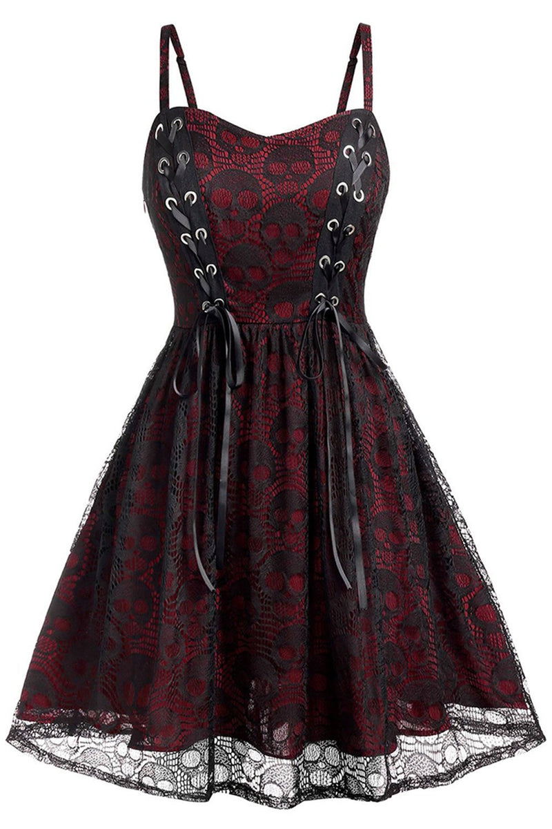 Load image into Gallery viewer, Vinröd skalle spets vintage klänning