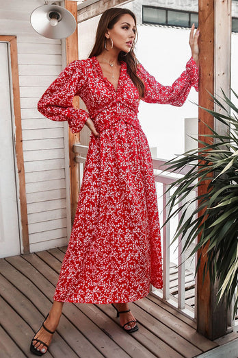 Röd blommig tryck casual klänning
