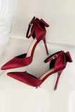 Burgundy Satin Prom Klackar med Bowknot