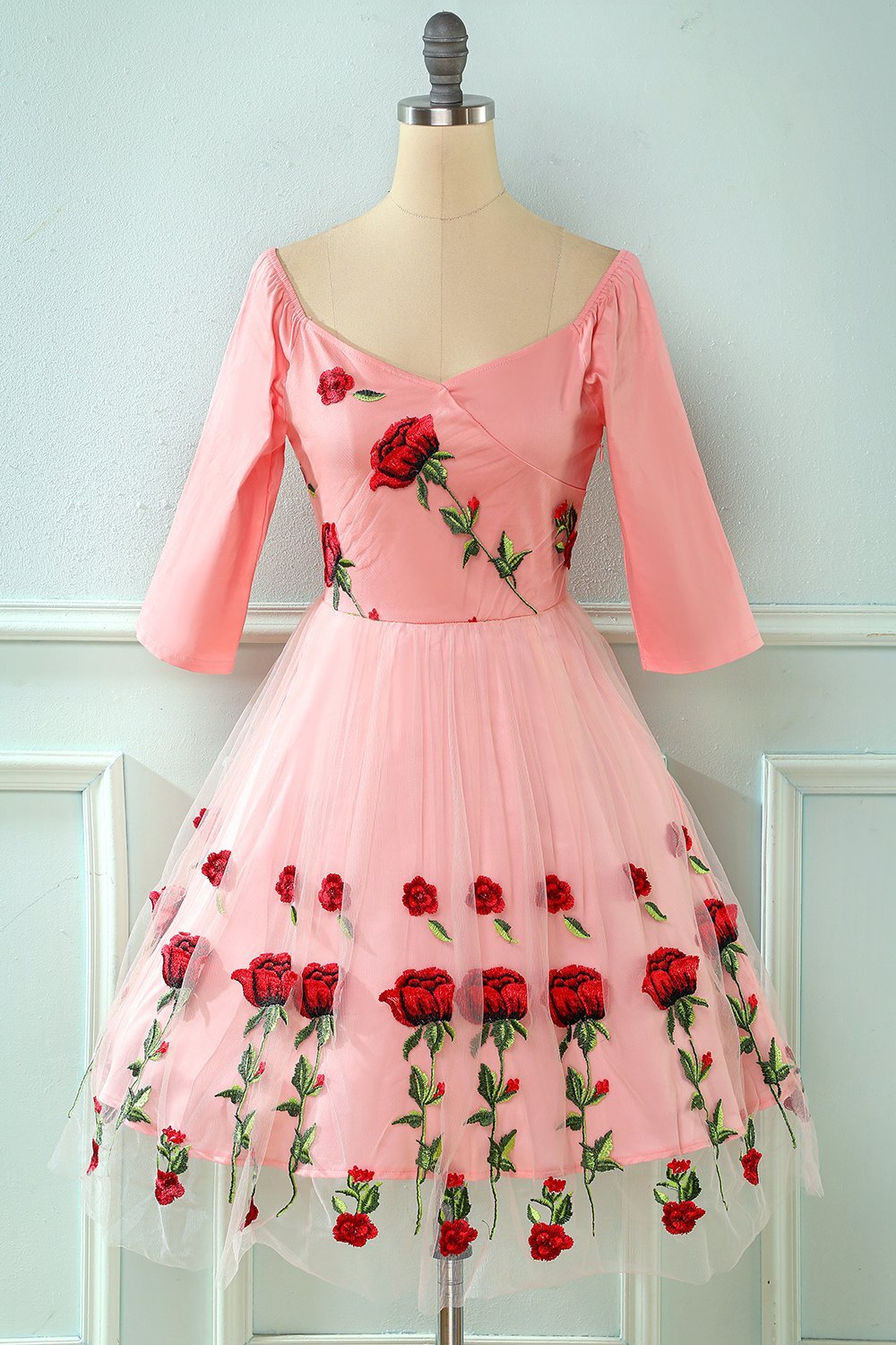 Broderad rose spets mesh vintage klänning