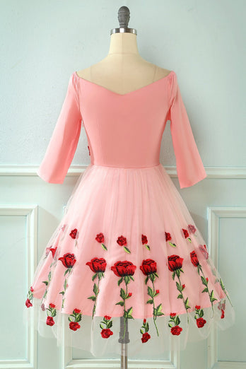 Broderad rose spets mesh vintage klänning
