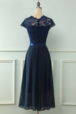 Navy Midi Lace Bröllopsfest Klänning