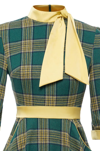Grön pläd vintage 1950-talet klänning med Bowknot