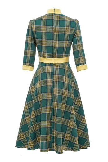 Grön pläd vintage 1950-talet klänning med Bowknot