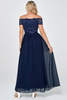 Marinblå Off-Shoulder Long Chiffong Formell Klänning Med Spets