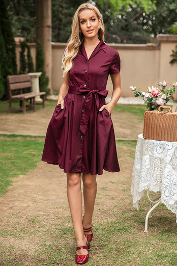V-ringning Vinröd Vintage klänning med kort ärm