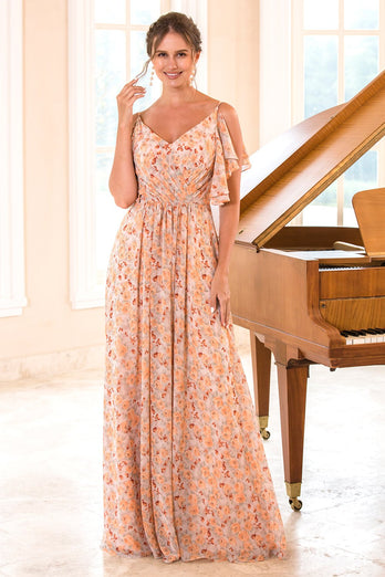 Blommig tryck Orange Bridesmaid Klänning