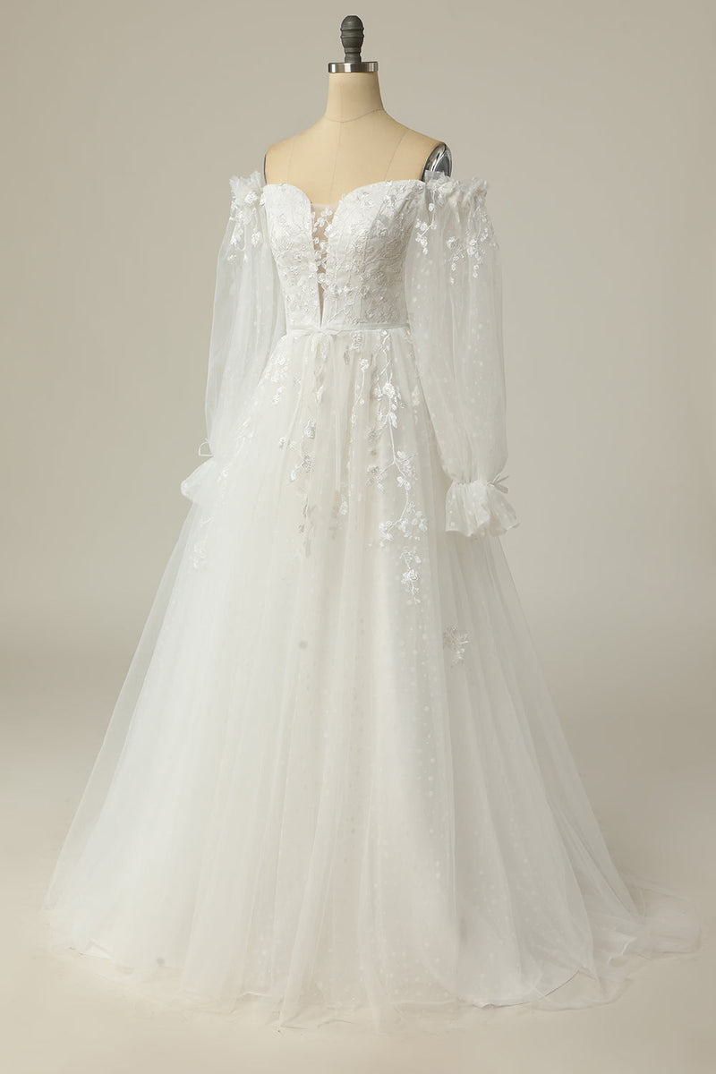 Load image into Gallery viewer, Lyxig a line off the Shoulder White Wedding Dress med Appliques