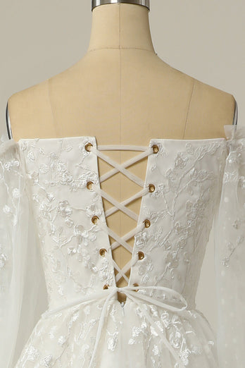 Lyxig a line off the Shoulder White Wedding Dress med Appliques