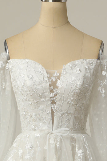 Lyxig a line off the Shoulder White Wedding Dress med Appliques