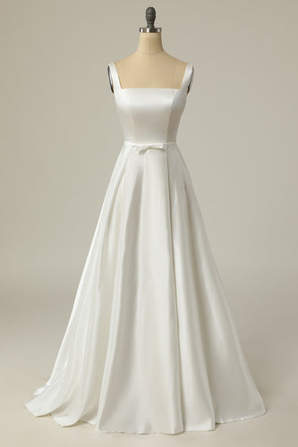Enkel en linje fyrkantig hals vit lång bröllopsklänning