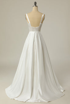 Enkel en linje fyrkantig hals vit lång bröllopsklänning