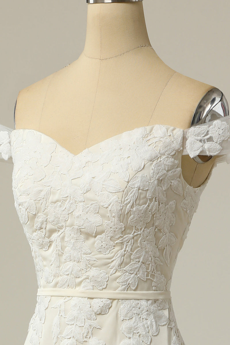 Load image into Gallery viewer, Sjöjungfru från axeln vit bröllopsklänning med Appliques