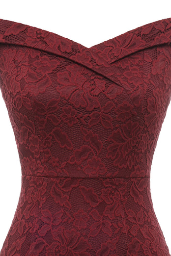 Off-shoulder Vinröd Spetsklänning