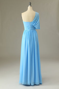 En axel blå brudtärna klänning