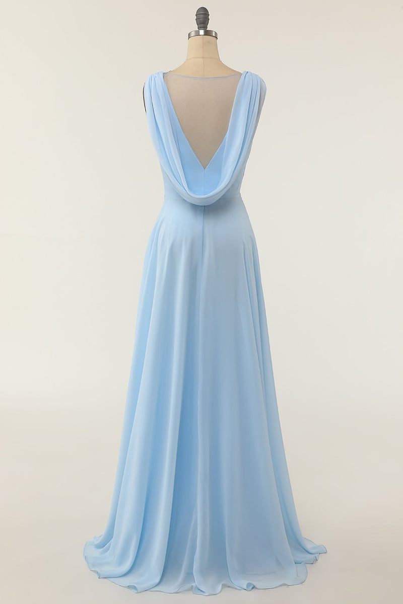Load image into Gallery viewer, V-ringad blå brudtärna klänning med volang