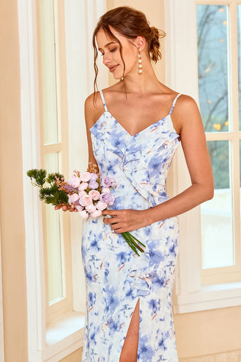 Syrgelremmar blå blommigt tryck Lång brudtärna klänning med delad front