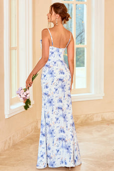 Syrgelremmar blå blommigt tryck Lång brudtärna klänning med delad front
