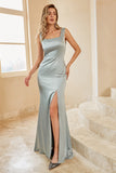 Ljusgrön Satin Bridesmaid Klänning med Slit