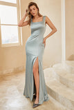 Ljusgrön Satin Bridesmaid Klänning med Slit