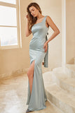 Ljusgrön Satin Bridesmaid Klänning med Slit