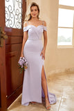 Mantlar av axeln Lilac Lång Bridesmaid Klänning med Split Front