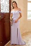 Mantlar av axeln Lilac Lång Bridesmaid Klänning med Split Front
