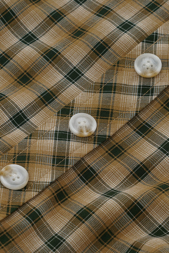 Khaki Grön Grid Kort Ärm 50 Tals Vintage Kläder