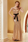 Champagne Paljett Off-shoulder Aftonklänning