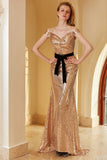 Champagne Paljett Off-shoulder Aftonklänning