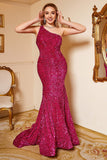 Mermaid One Shoulder Fuchsia paljetter plus storlek balklänning med sveptåg
