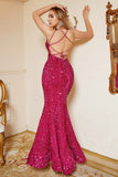 Hot Pink Paljett Mermaid Plus Size Bal Klänning med Lac-up Back