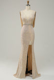 Sheath Deep V Neck Champagne Paljetter Lång balklänning med delad front