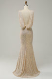 Sheath Deep V Neck Champagne Paljetter Lång balklänning med delad front
